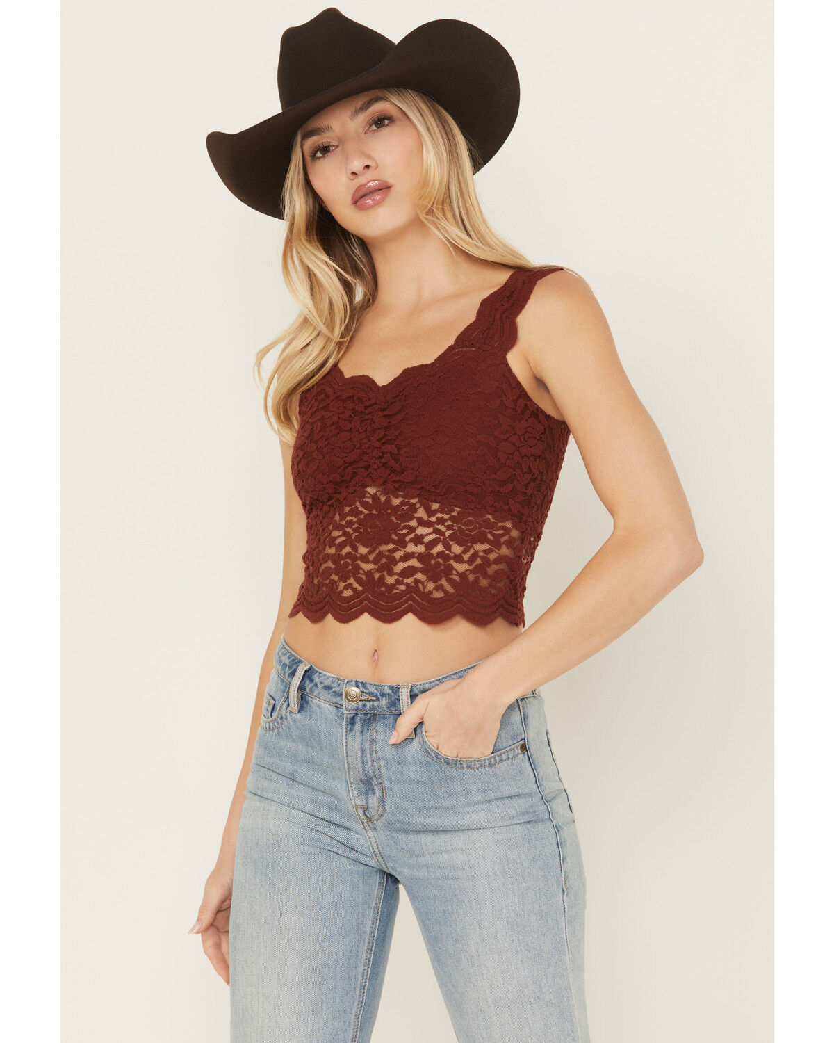 Image #1 - Shyanne Women's Fitted Stretch Lace Cami, Mahogany, hi-res