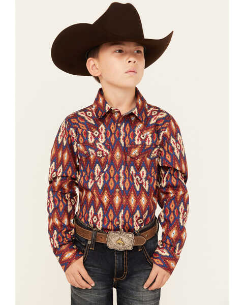 Cody James Boys' Sioux Falls Southwestern Print Long Sleeve Snap Western Shirt , Red, hi-res