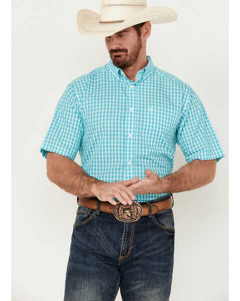 Ariat Men's Wrinkle Free Sterling Plaid Print Classic Fit Button-Down Shirt , Turquoise, hi-res