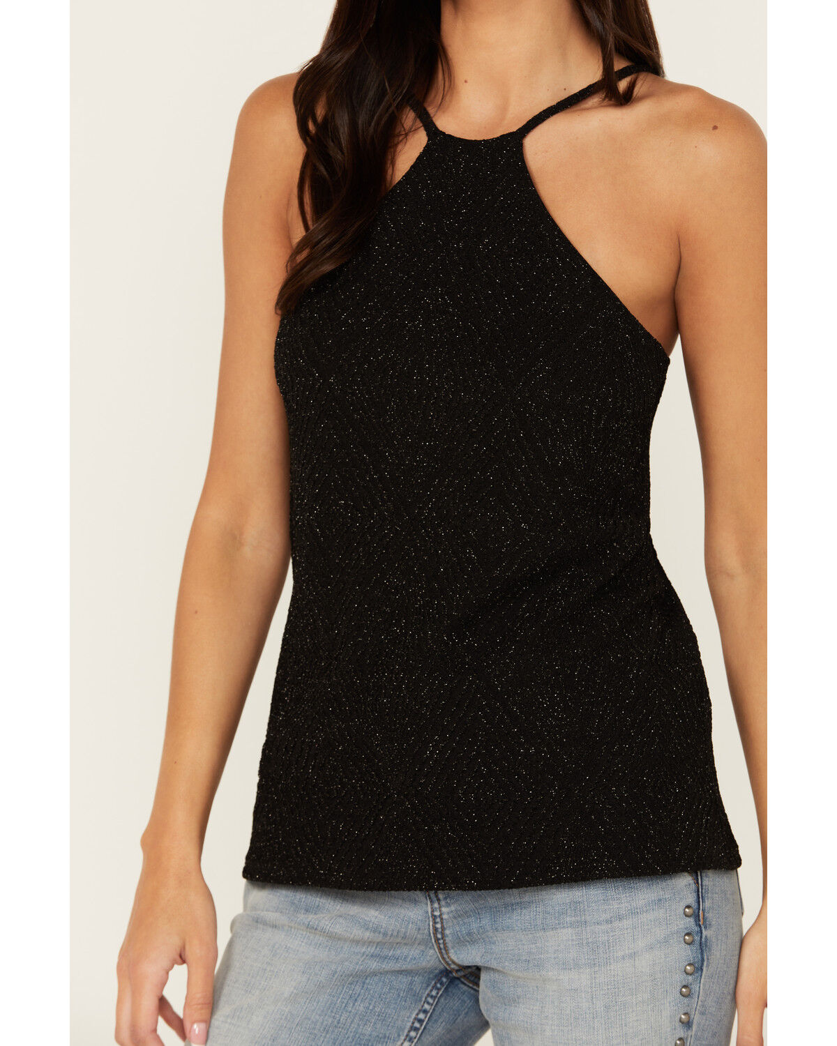 Image #3 - Rock & Roll Denim Women's Shimmer High Neck Tank, Black, hi-res