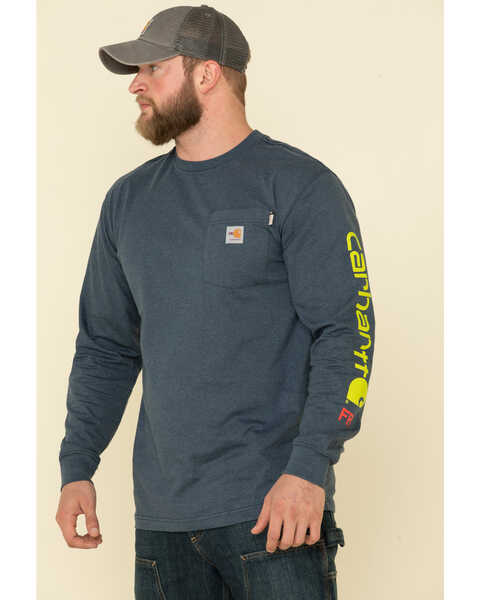 Carhartt Men's M-FR Midweight Signature Logo Long Sleeve Work Shirt - Tall , Dark Blue, hi-res