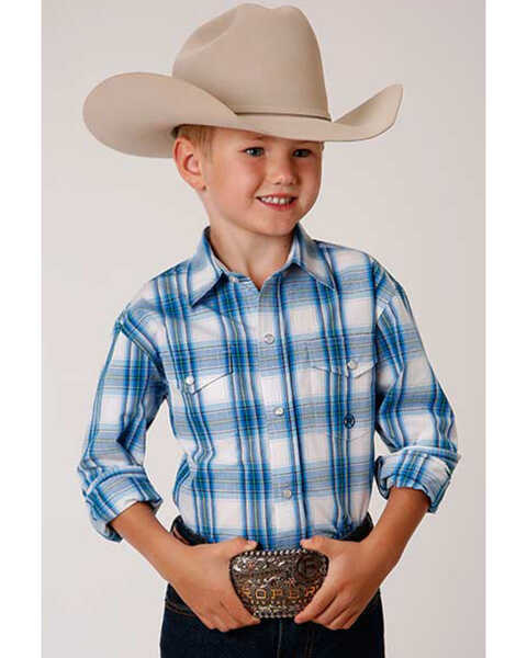 Amarillo Boys' Plaid Long Sleeve Western Shirt , Blue, hi-res