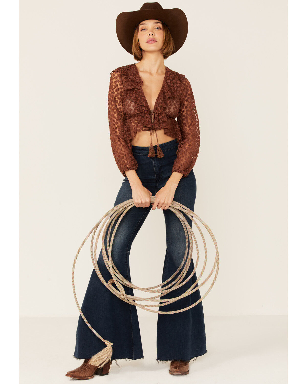Image #1 - Saints & Hearts Women's Tie Front Lace Ruffle Crop Top, Rust Copper, hi-res