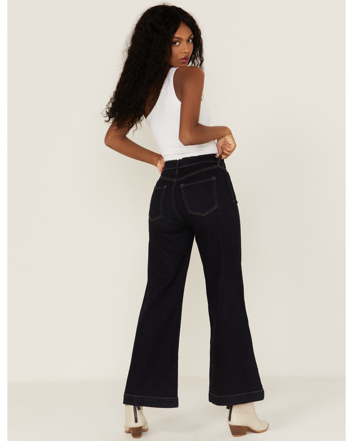 Image #3 - Sneak Peek Women's Front Patch Pockets Straight Jeans, Dark Blue, hi-res