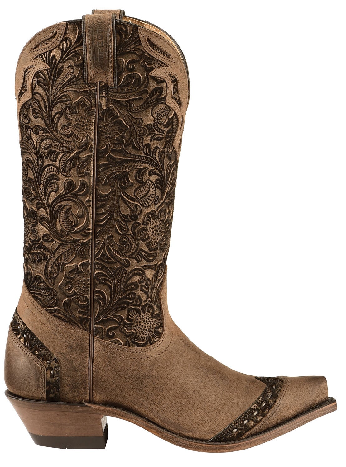 Image #2 - Boulet Women's Fancy Hand Tooled Inlay Western Boots - Snip Toe, Tobacco, hi-res
