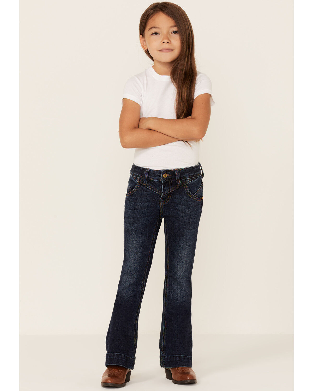 Image #1 - Rock & Roll Denim Girls' Dark Front Seamed Twill Trousers, Blue, hi-res