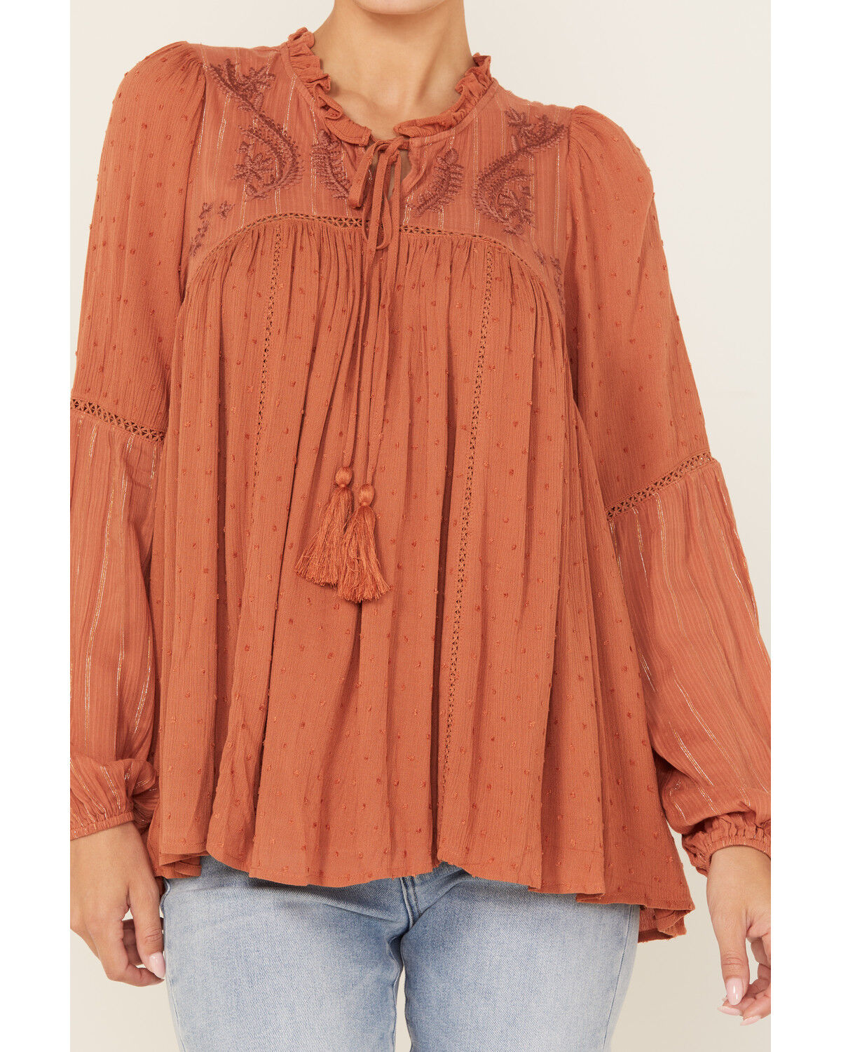 Image #3 - Miss Me Women's Embroidered Long Sleeve Blouse, Brick Red, hi-res