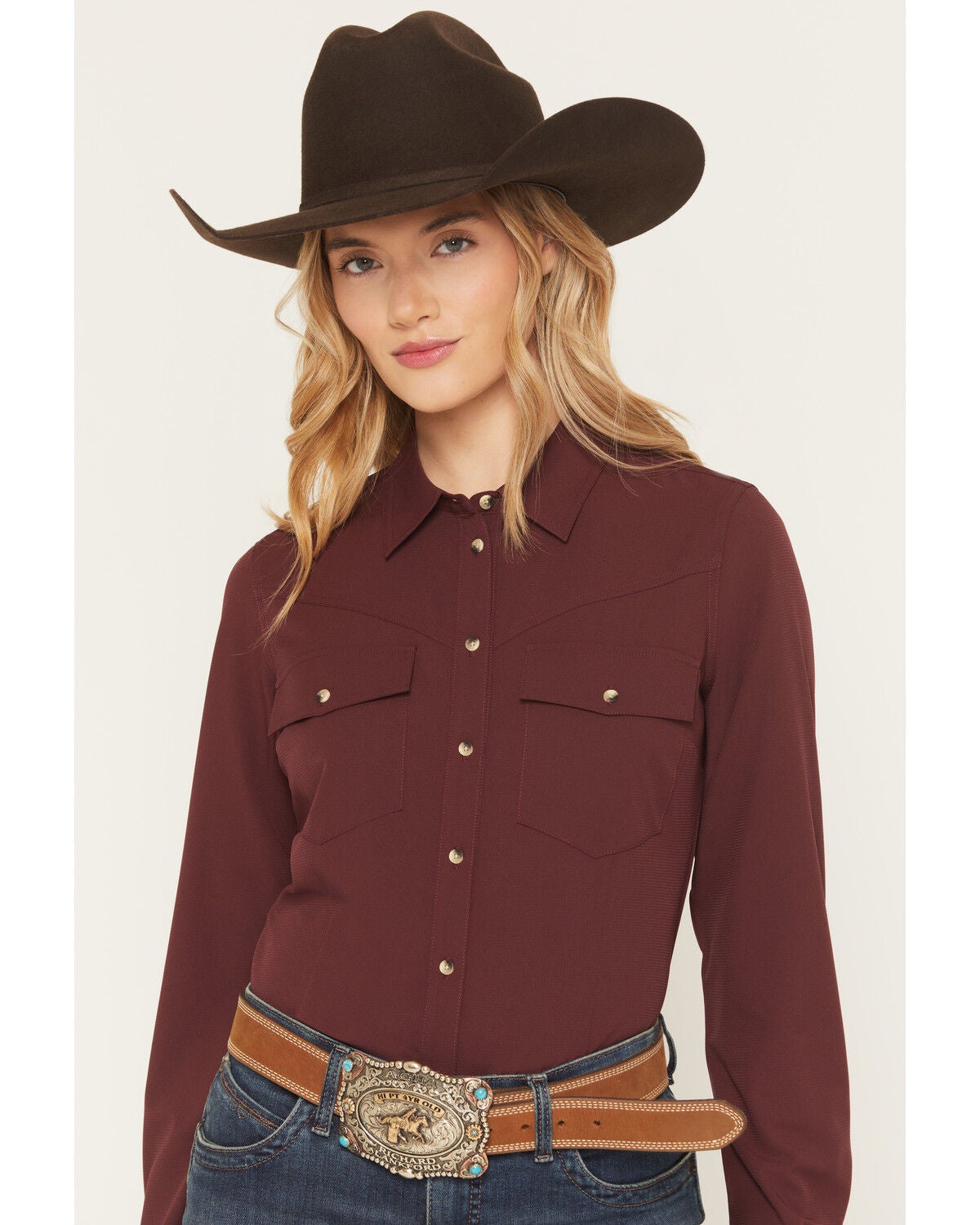 Shyann Women's Solid Long Sleeve Button-Down Stretch Performance Shirt, Brick Red, hi-res