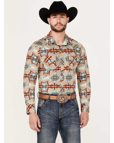 Image #1 - Rock & Roll Denim Men's Southwestern Stretch Long Sleeve Snap Western Shirt, Tan, hi-res