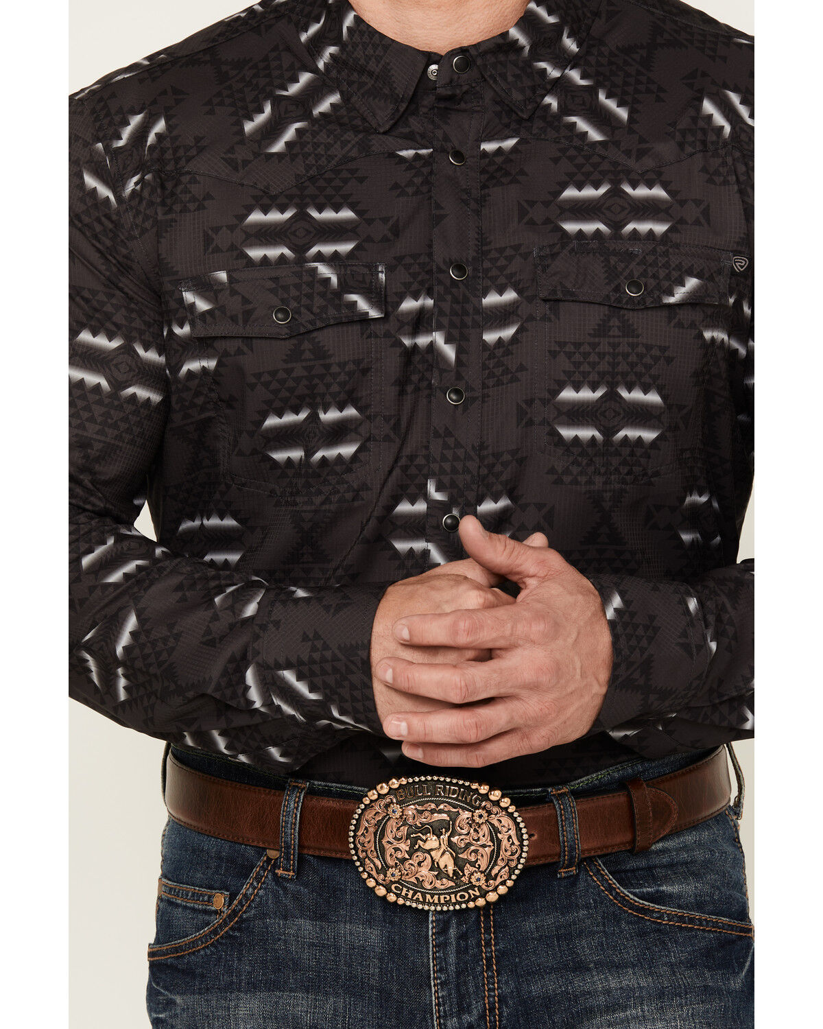 Image #3 - Rock & Roll Denim Men's Tek Southwestern Print Long Sleeve Snap Western Shirt, Charcoal, hi-res