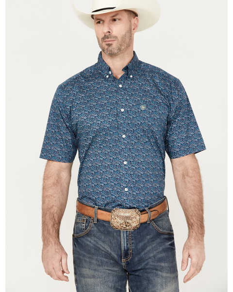 Ariat Men's Wrinkle Free Emmitt Print Button Down Short Sleeve Western Shirt, Teal, hi-res