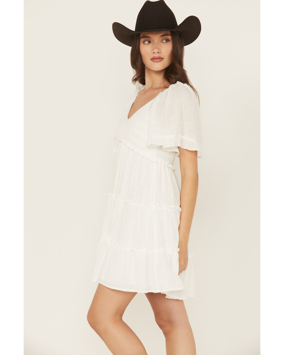 Image #2 - Yura Women's Solid Smocked Short Sleeve Mini Dress, White, hi-res
