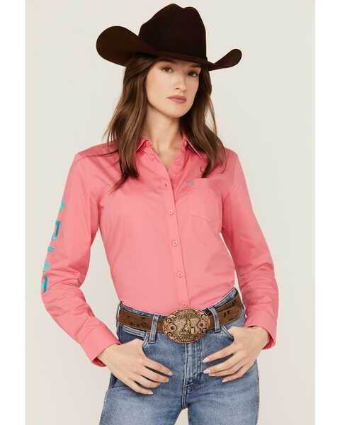 Ariat Women's Team Kirby Wrinkle Resistant Long Sleeve Button-Down Stretch Western Shirt, Bright Pink, hi-res