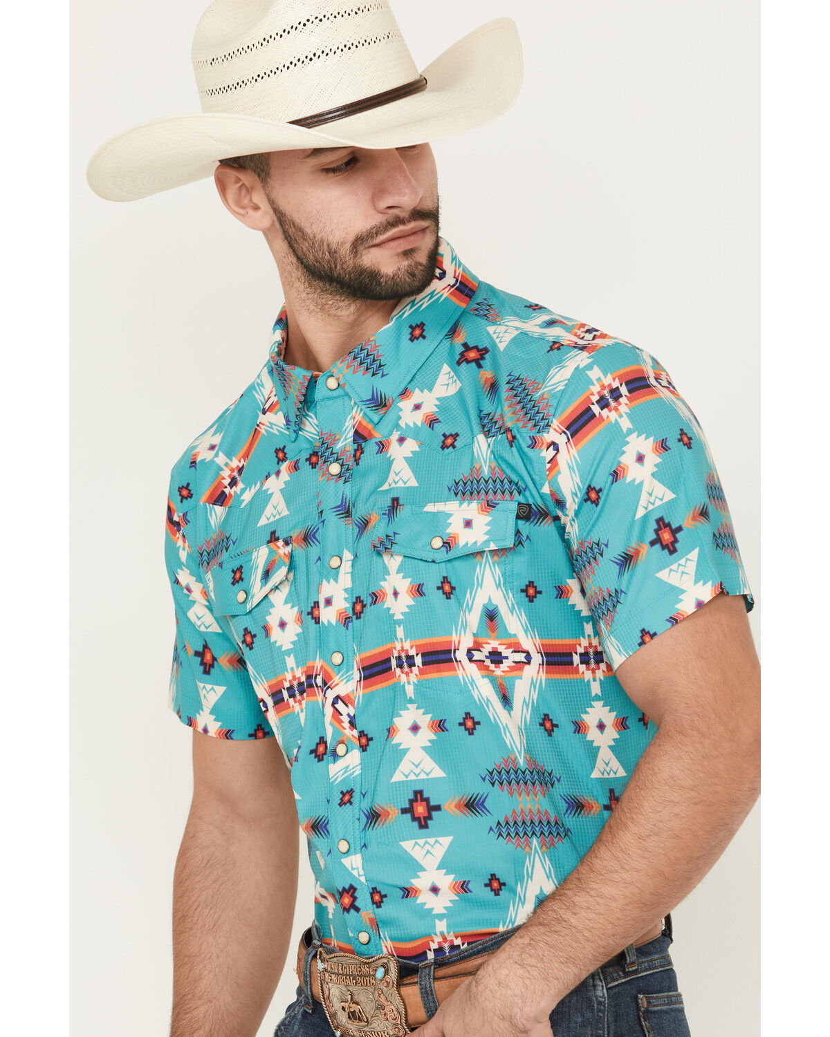 Image #2 - Panhandle Men's Boot Barn Exclusive TEK Southwestern Print Short Sleeve Performance Western Shirt, Turquoise, hi-res