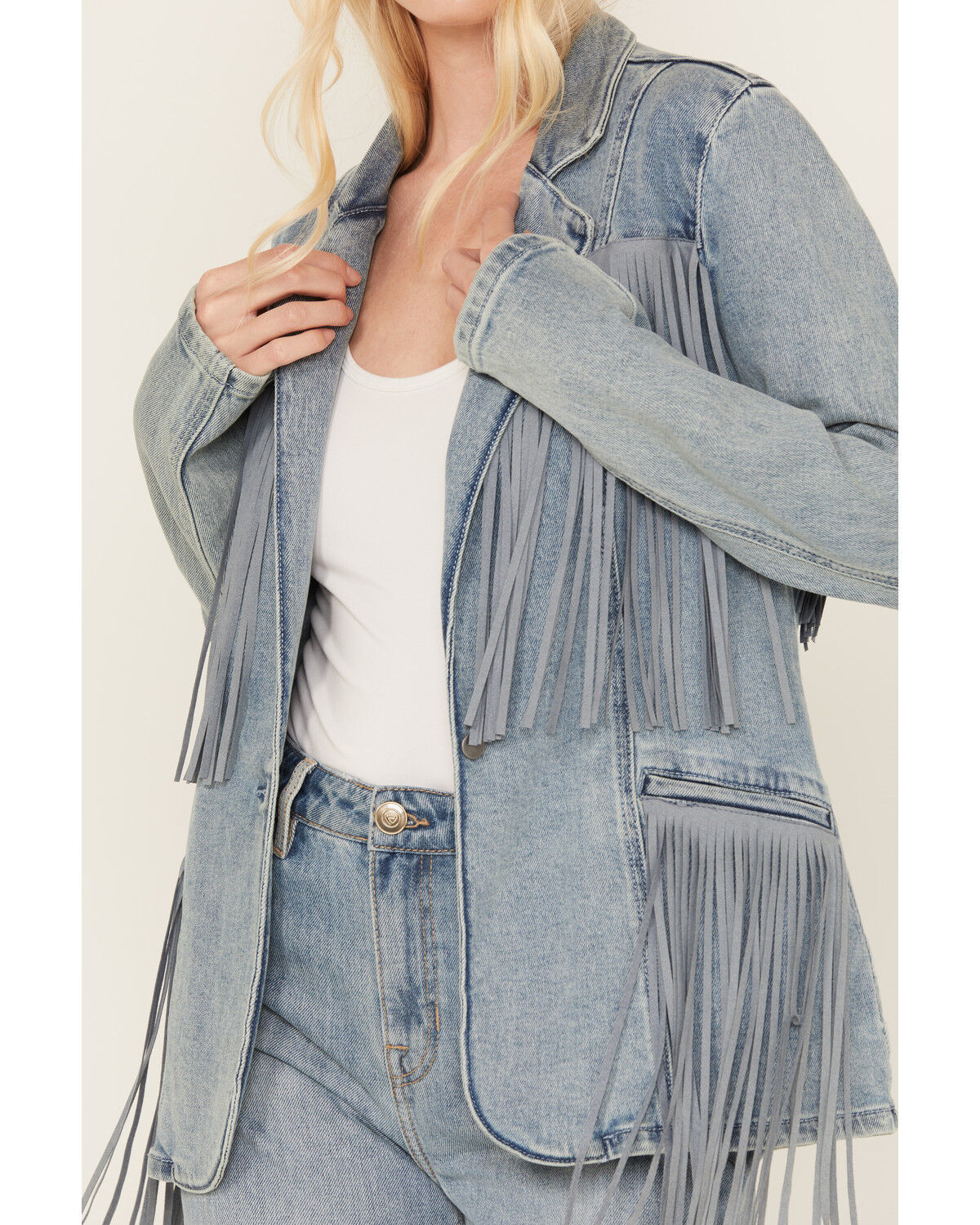 Image #3 - Rock & Roll Denim Women's Light Wash Denim Stretch Fringe Blazer, Light Wash, hi-res