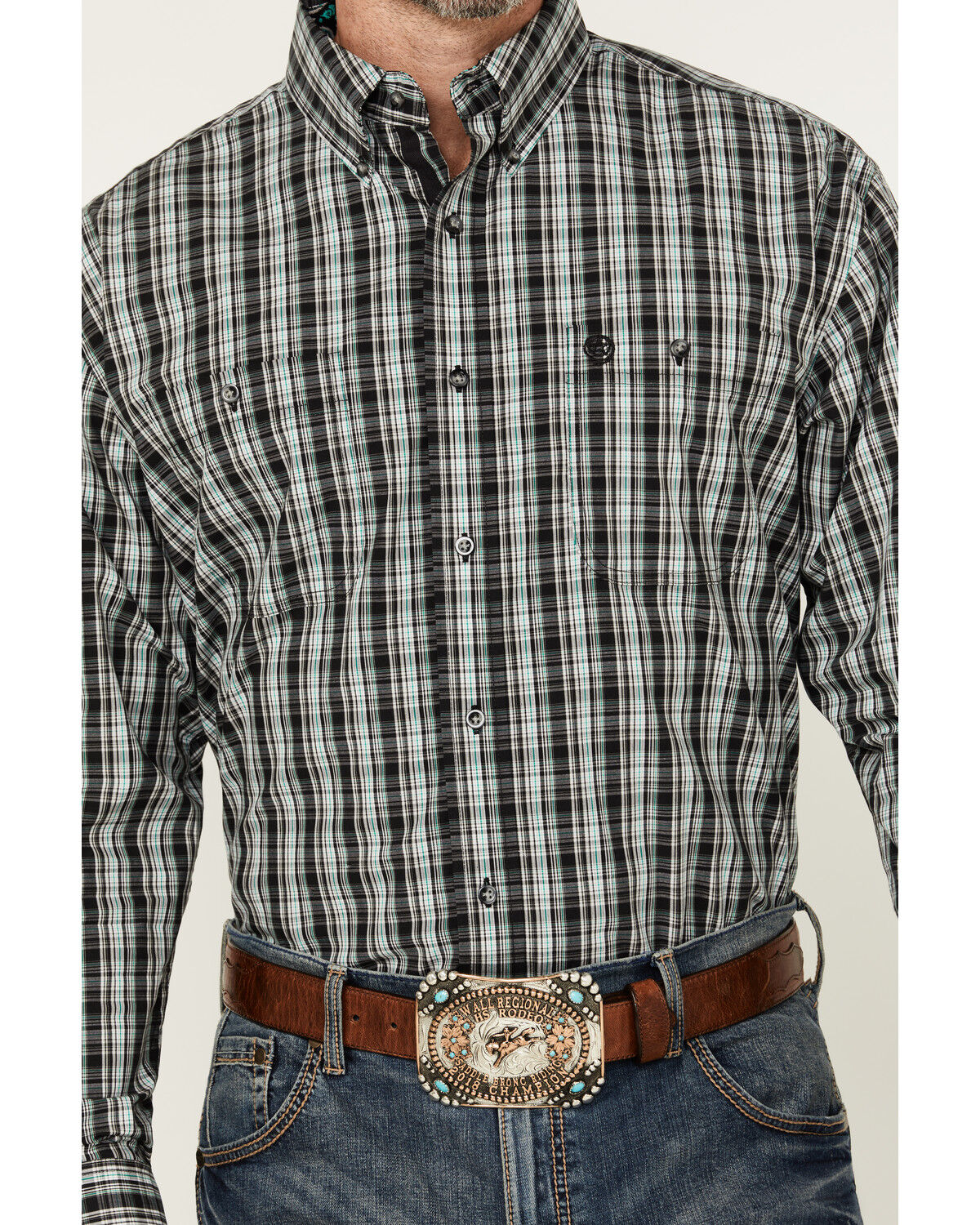 Image #3 - George Strait By Wrangler Men's Plaid Print Long Sleeve Button-Down Stretch Western Shirt, Black, hi-res