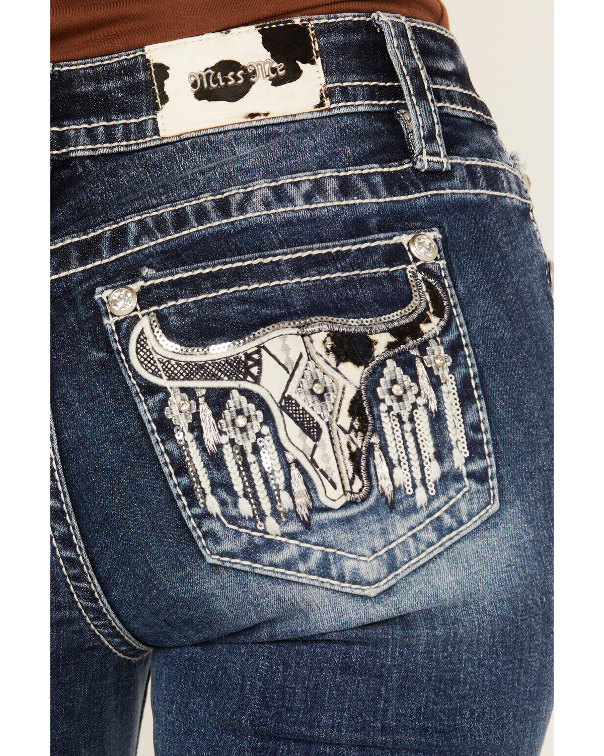 Image #2 - Miss Me Women's Medium Wash Mid Rise Cowhide Steer Head Pocket Bootcut Stretch Denim Jeans, Medium Wash, hi-res