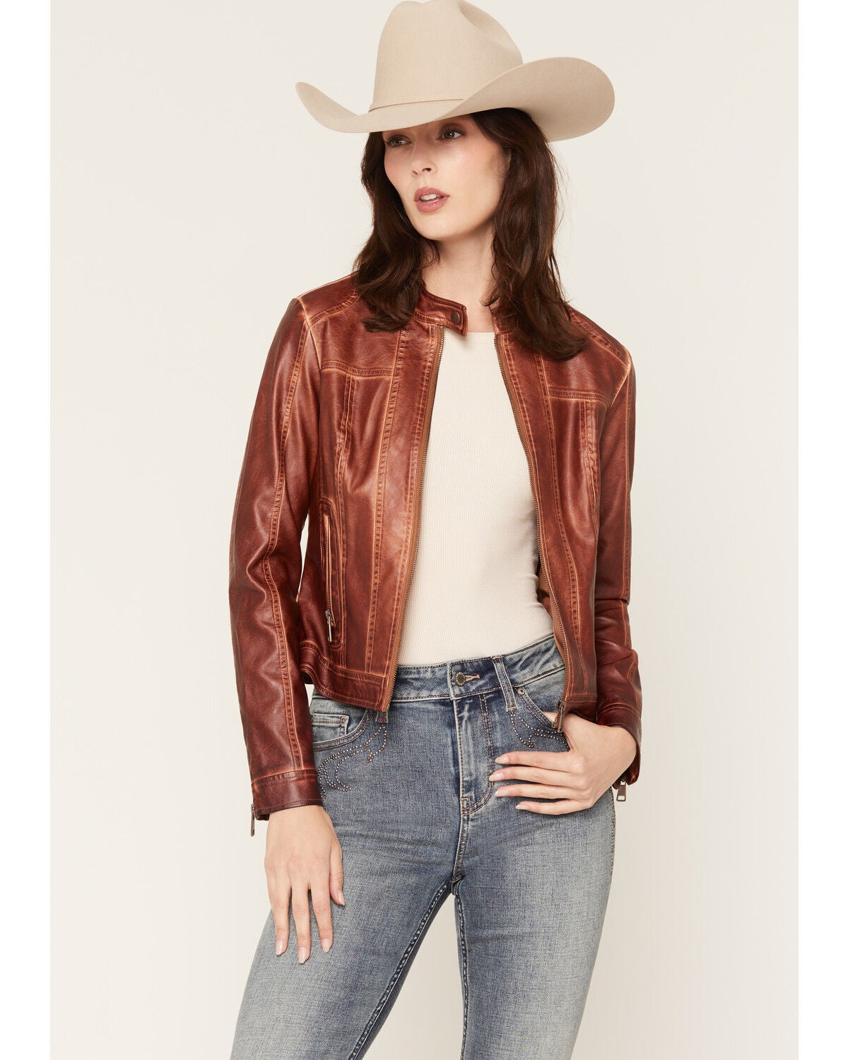 26 International Women's Faux Leather Jacket, Brown, hi-res