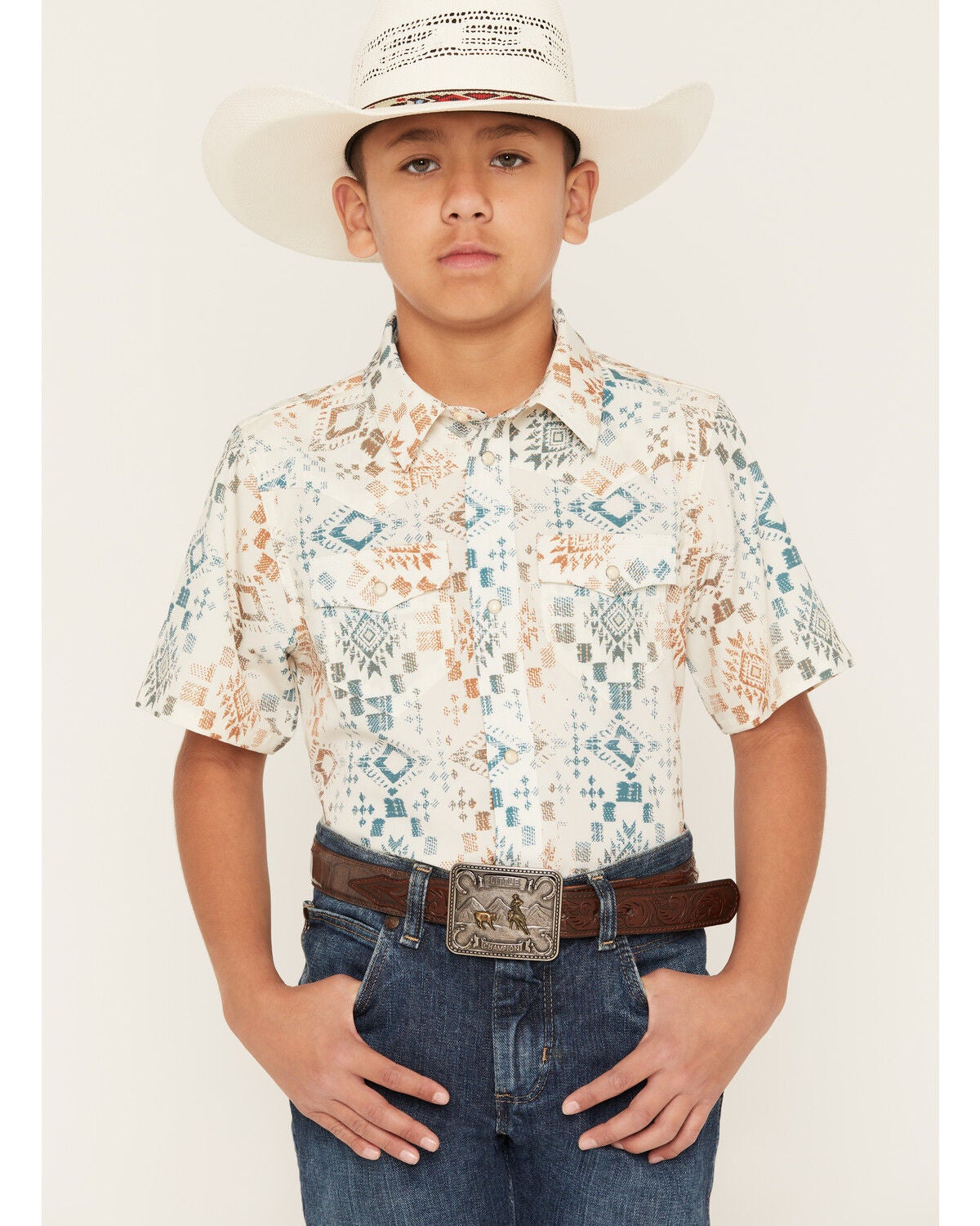 RANK 45&reg; Boys' Everglades 2.0 Southwestern Print Short Sleeve Snap Stretch Western Shirt, Ivory, hi-res