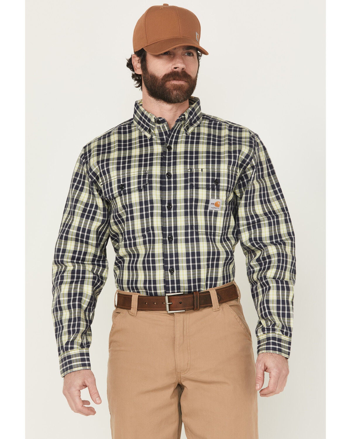 Carhartt Men's FR Force Rugged Flex&reg; Plaid Print Long Sleeve Button-Down Work Shirt, Navy, hi-res