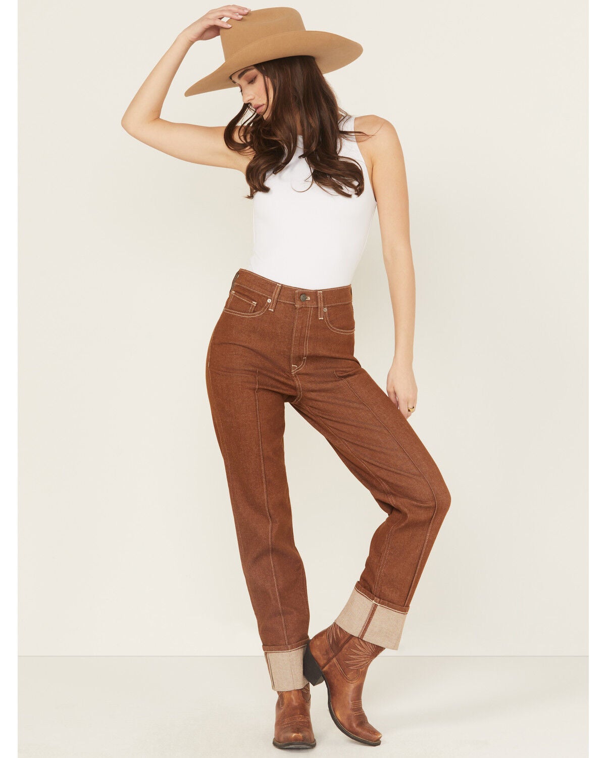 Ariat Women's Jazmine Relaxed Ultra High Rise Straight Stretch Denim Jeans, Brown, hi-res