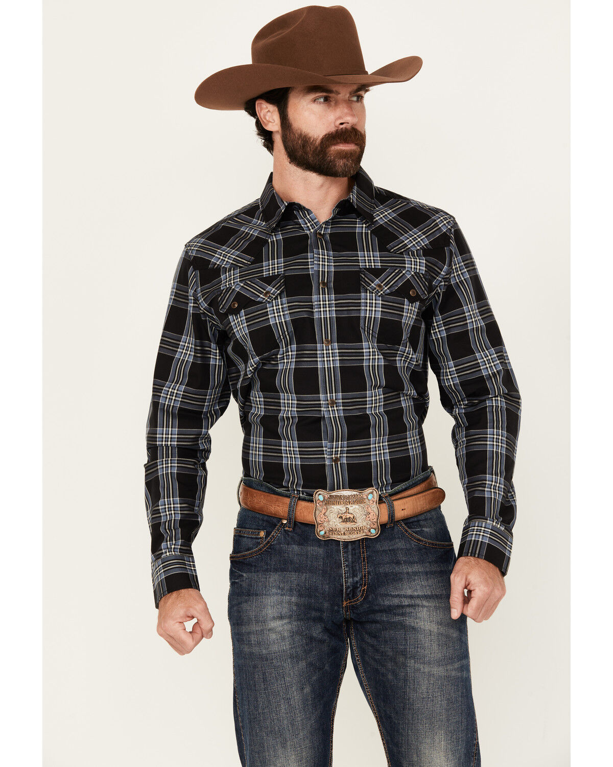 Image #1 - Cody James Men's Irving Plaid Print Long Sleeve Snap Western Shirt - Tall, Navy, hi-res