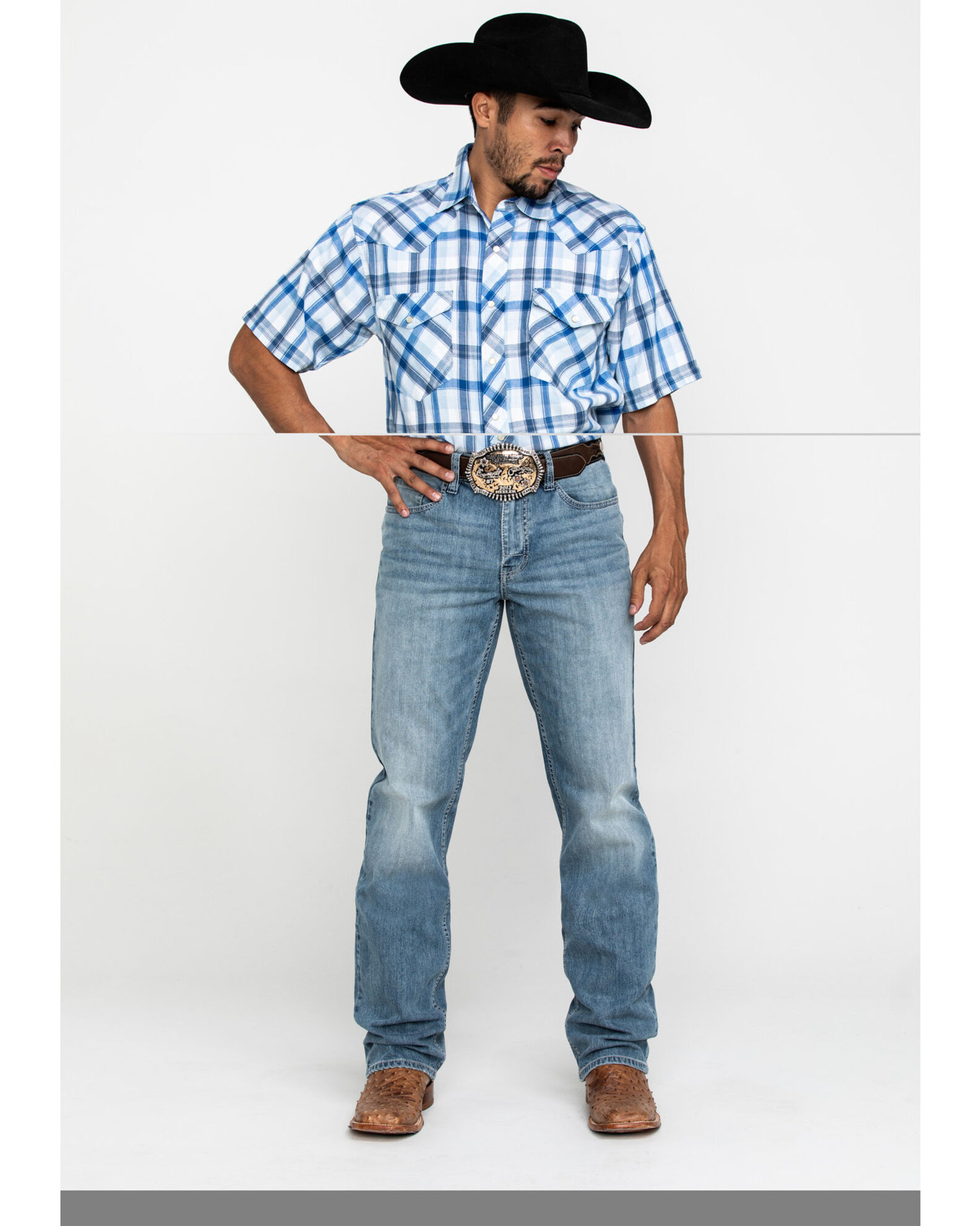 Image #6 - Resistol Men's Blue Vallecito Large Plaid Short Sleeve Western Shirt, Blue, hi-res
