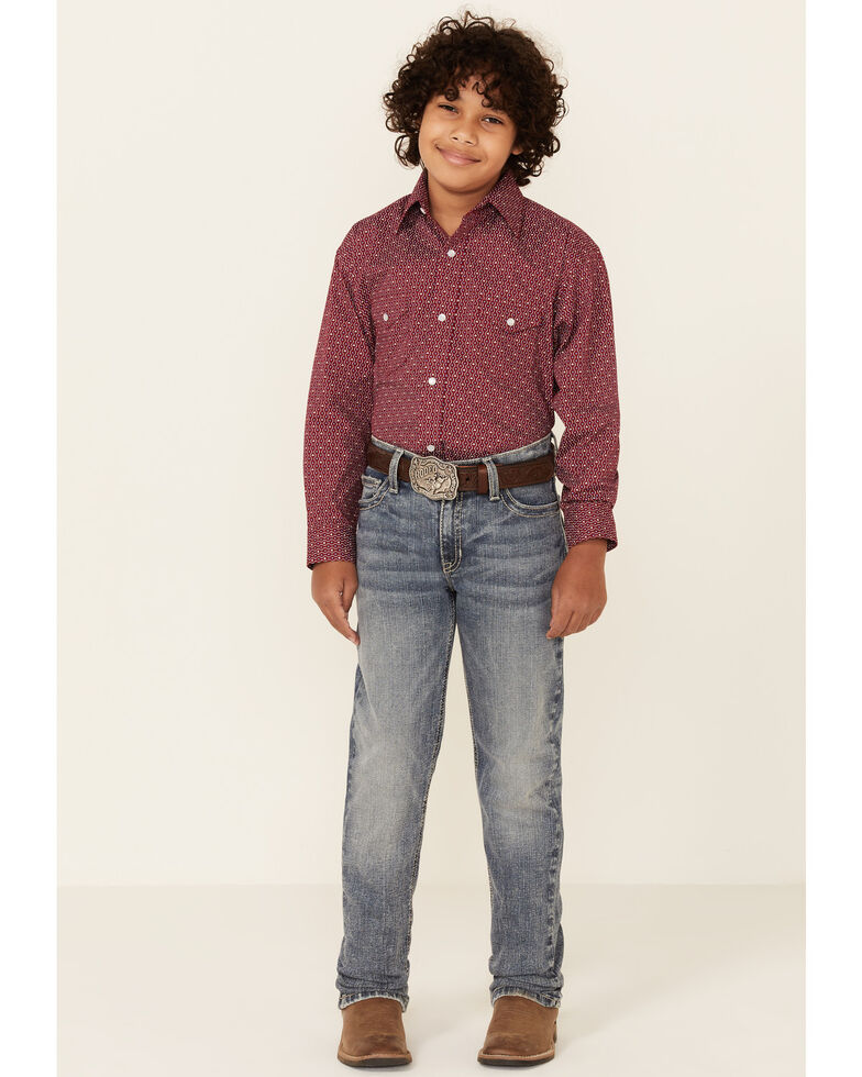 Rough Stock By Panhandle Boys' Wine Geo Print Long Sleeve Snap Western Shirt , Red, hi-res
