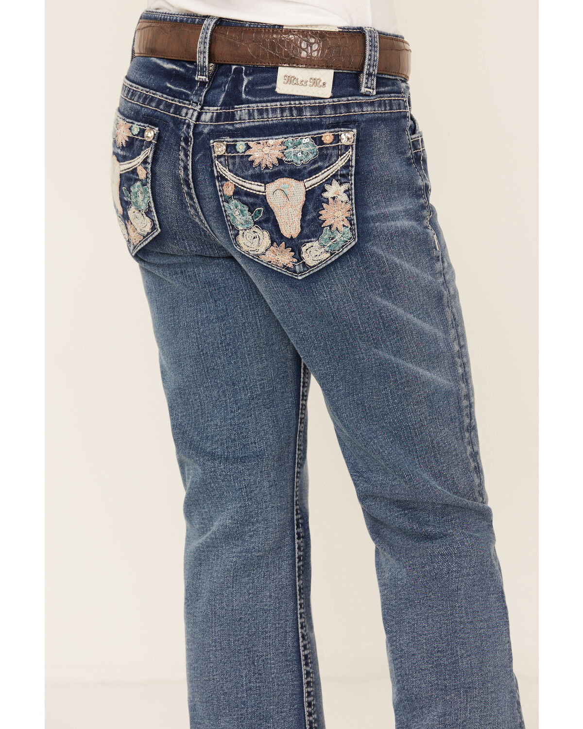 Image #4 - Miss Me Girls' Medium Wash Steer Head Pocket Bootcut Stretch Denim Jeans, Blue, hi-res
