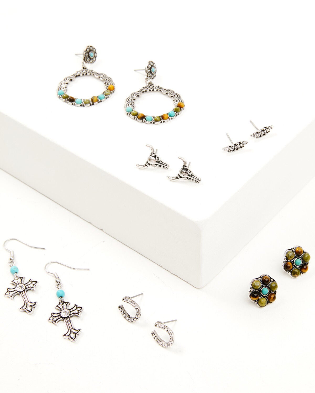 Image #1 - Shyanne Women's Bisbee Falls Silver Longhorn & Cross 6-Piece Earrings Set, Silver, hi-res