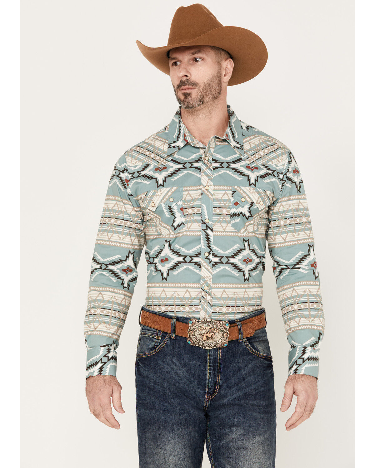 Image #1 - Rock & Roll Denim Men's Southwestern Long Sleeve Western Snap Shirt, Sage, hi-res
