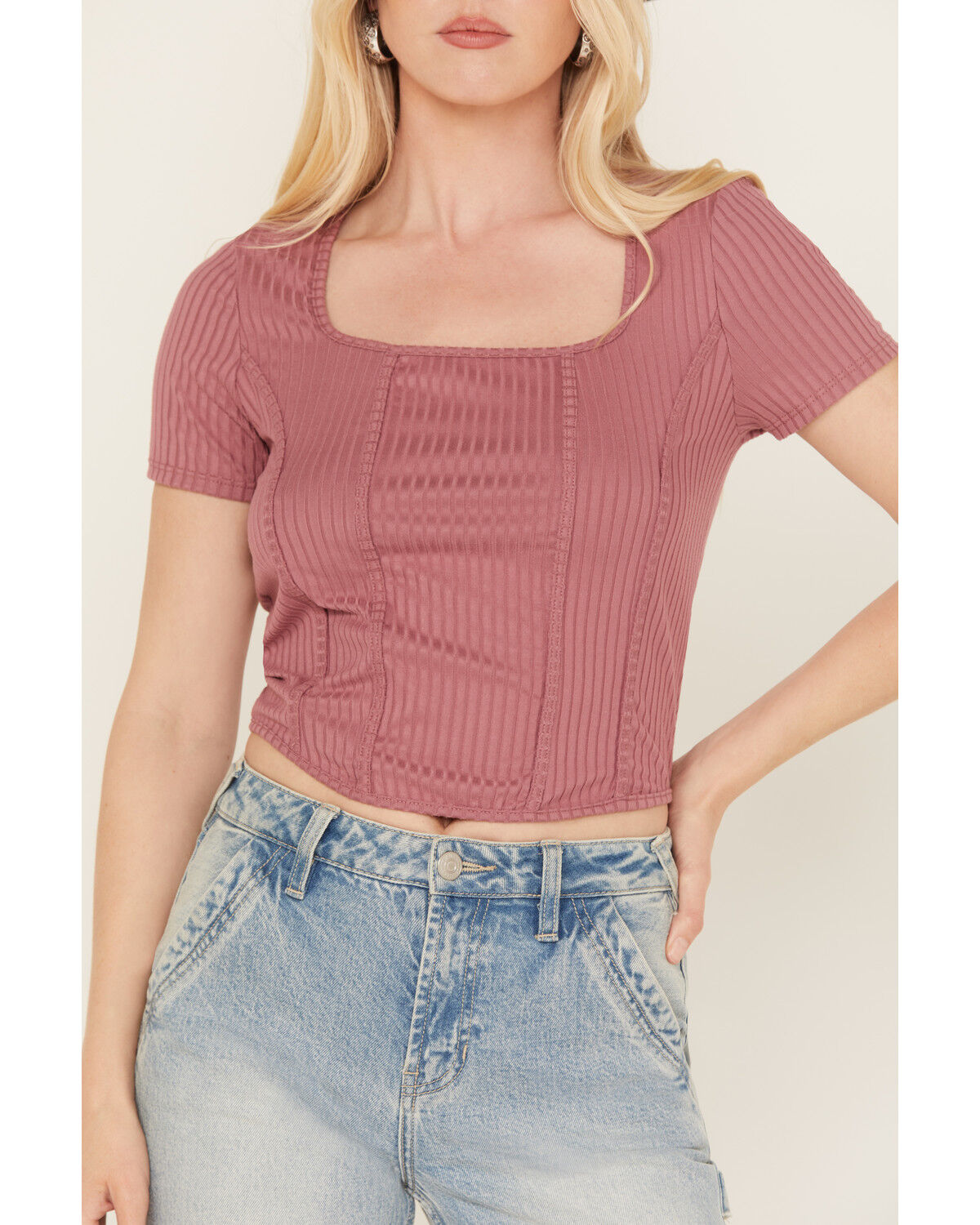 Image #3 - Moa Moa Women's Ribbed Corset Style Short Sleeve Top, Mauve, hi-res