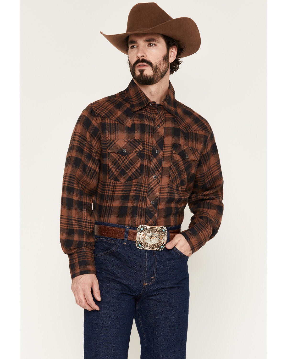 Wrangler Retro Men's Plaid Print Long Sleeve Snap Flannel Shirt, Brown, hi-res