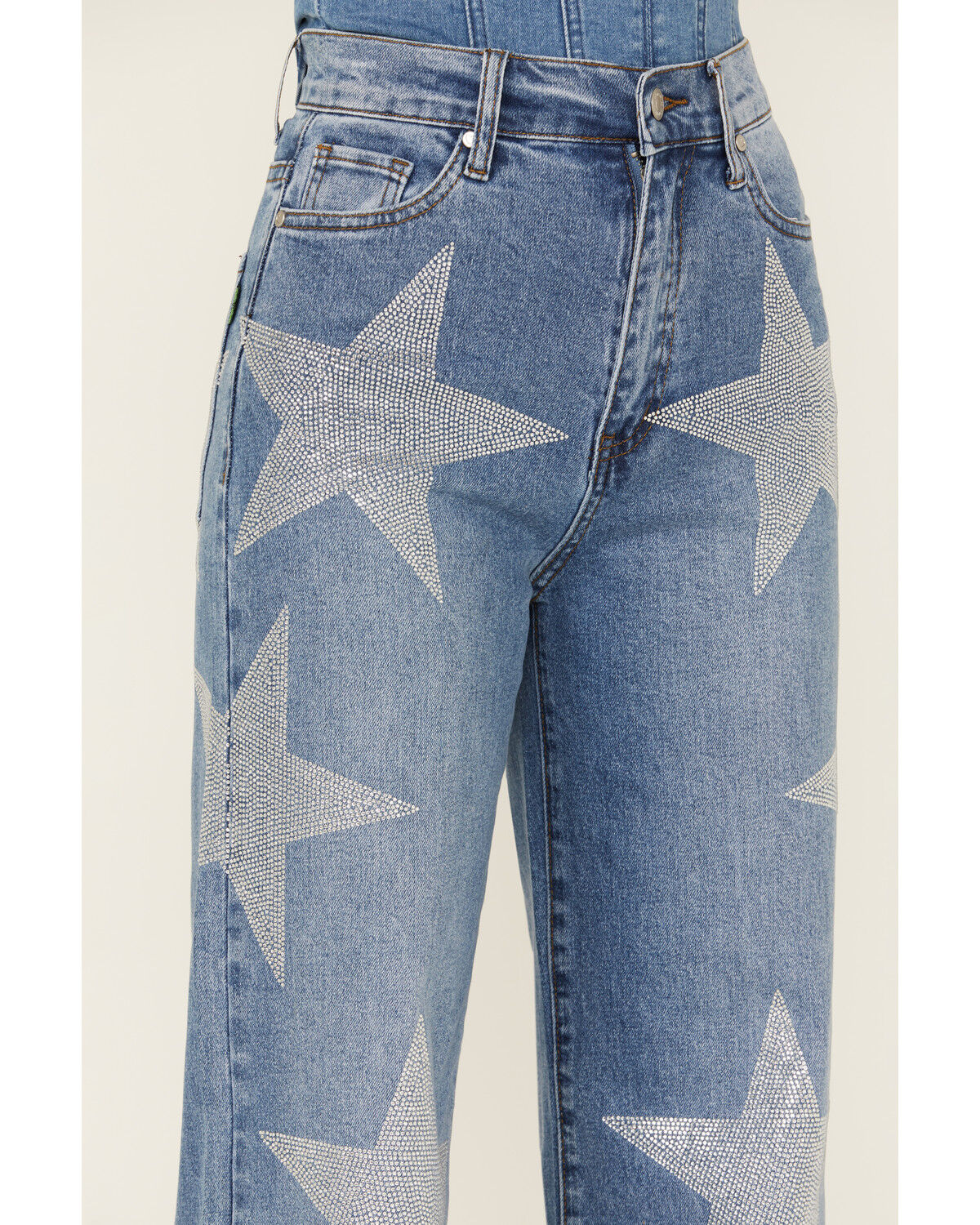 Image #2 - Vibrant Denim Women's Rhinestone Star High Rise Medium Wash Stretch Wide Leg Jeans, , hi-res
