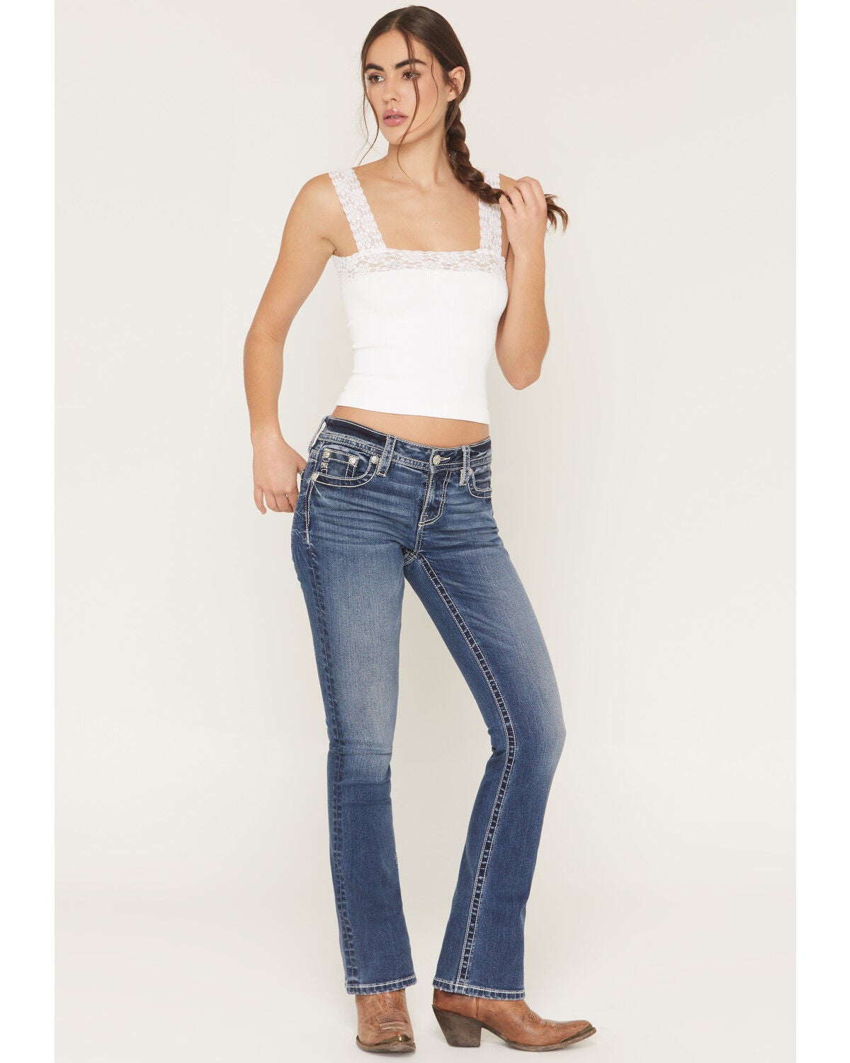 Image #3 - Miss Me Women's Medium Wash Mid Rise Fleur De Lis Pocket 32" Bootcut Stretch Denim Jeans, Medium Wash, hi-res