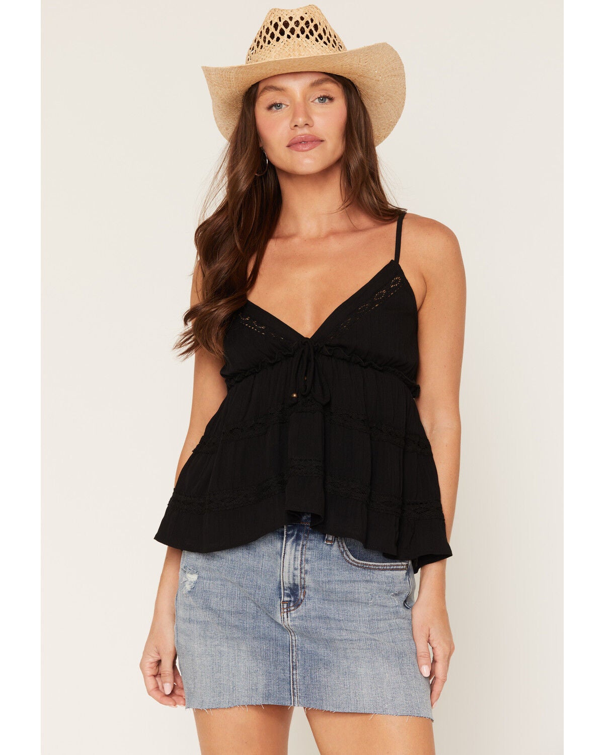 Image #1 - Angie Women's Sleeveless Lace Trim Tiered Cami, Black, hi-res