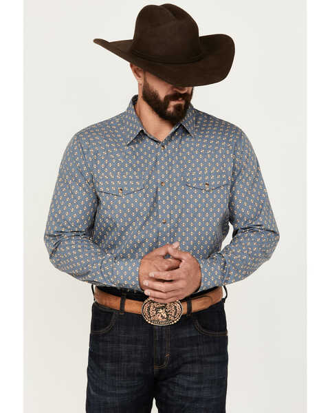 Image #1 - Gibson Trading Co Men's Lounge Geo Print Long Sleeve Snap Western Shirt, Steel Blue, hi-res