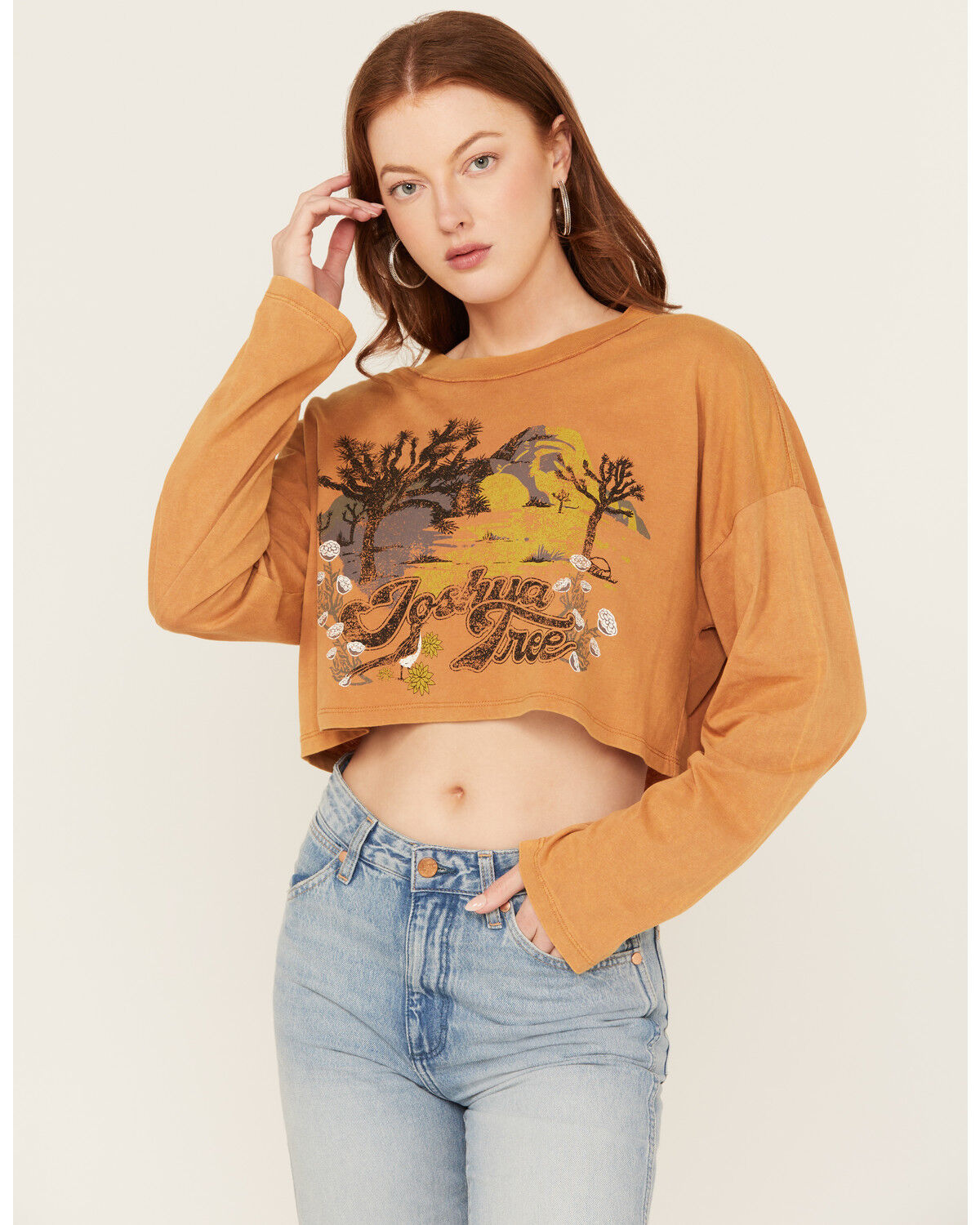 Image #1 - Cleo + Wolf Women's Joshua Tree Long Sleeve Cropped Tee, Lt Brown, hi-res