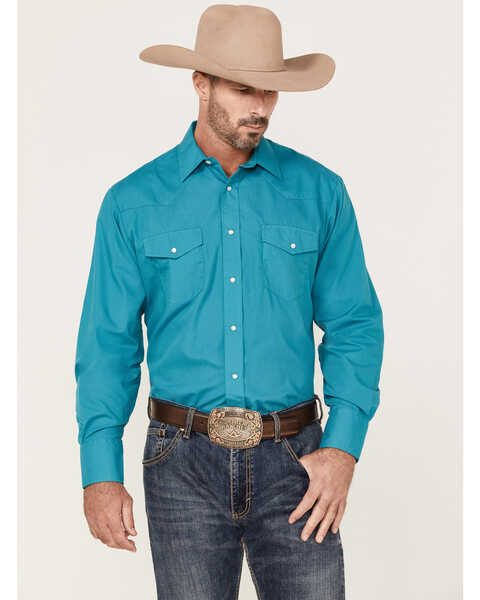 Roper Men's Classic Solid Long Sleeve Pearl Snap Western Shirt , Teal, hi-res