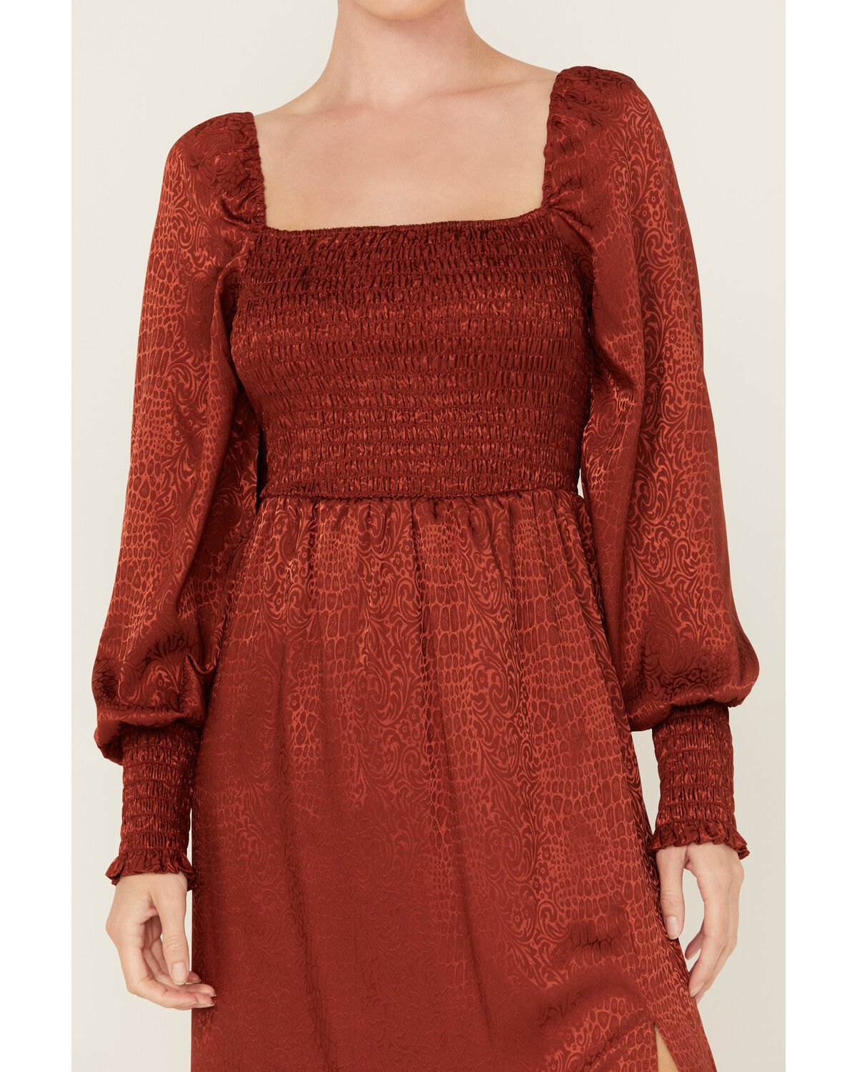 Image #3 - Wrangler Women's Jacquard Print Slit Long Sleeve Midi Dress, Rust Copper, hi-res