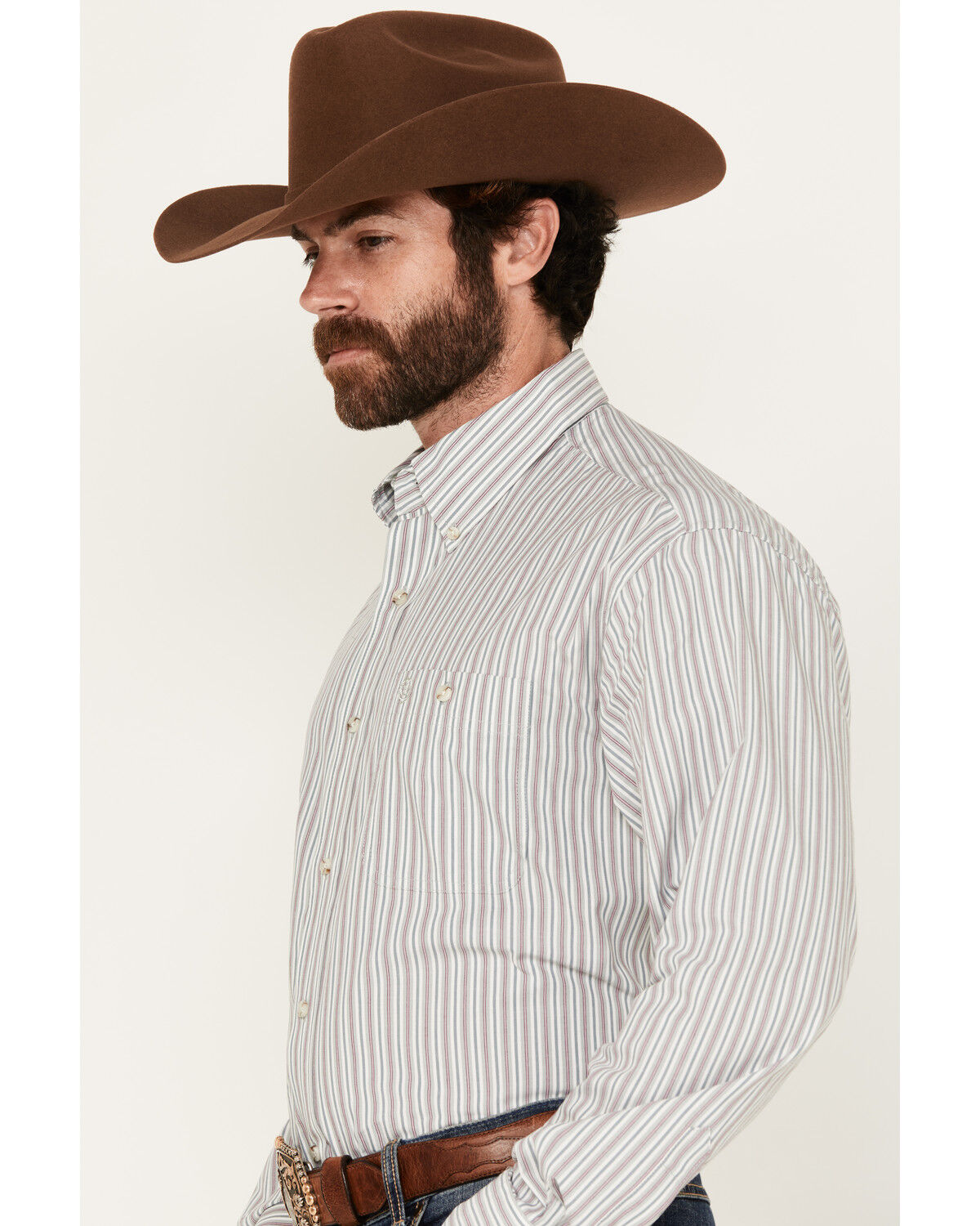 Image #2 - George Strait by Wrangler Men's Striped Print Long Sleeve Button-Down Stretch Western Shirt, Light Grey, hi-res
