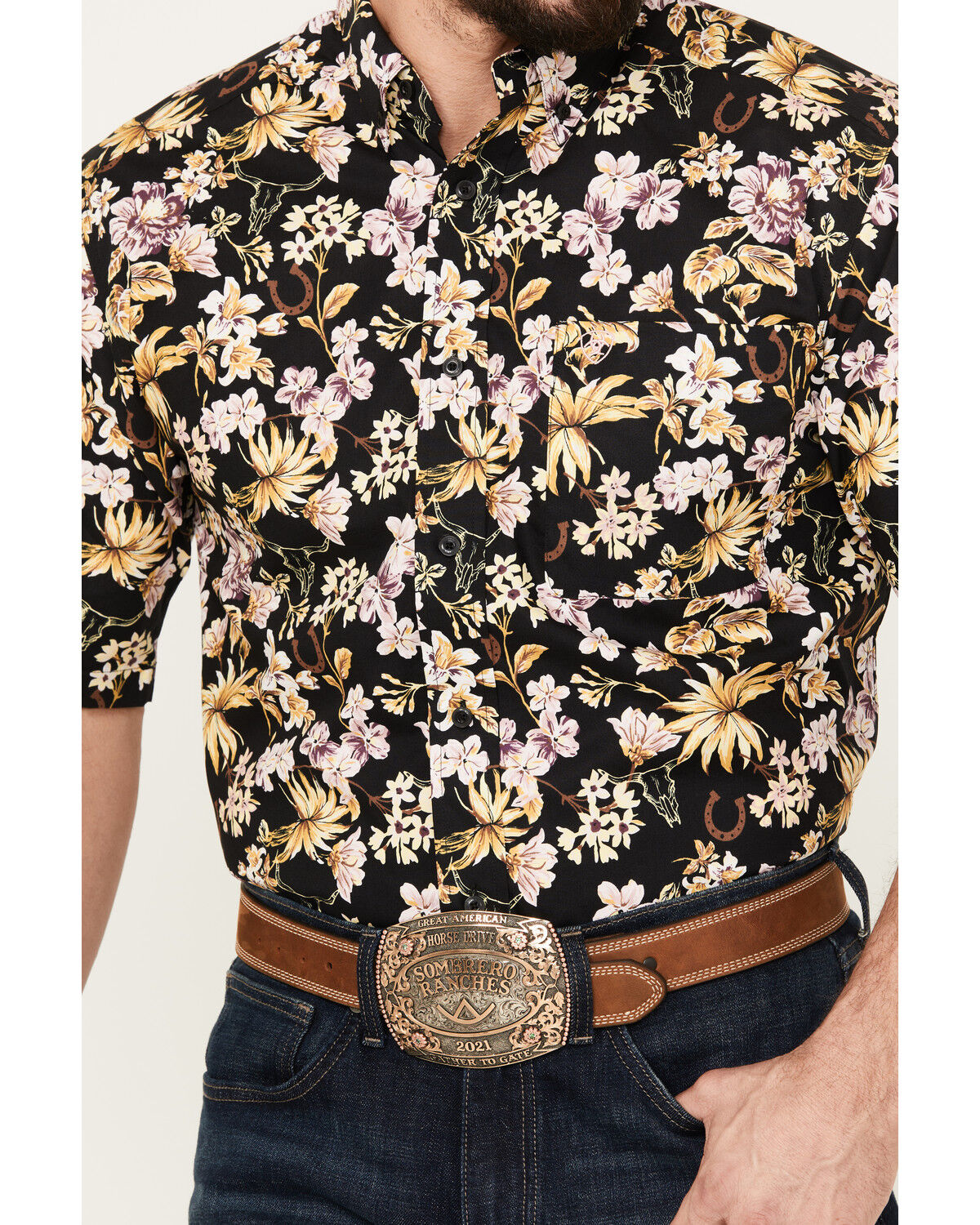 Image #3 - Ariat Men's Dex Classic Fit Floral Print Short Sleeve Button-Down Western Shirt, Black, hi-res