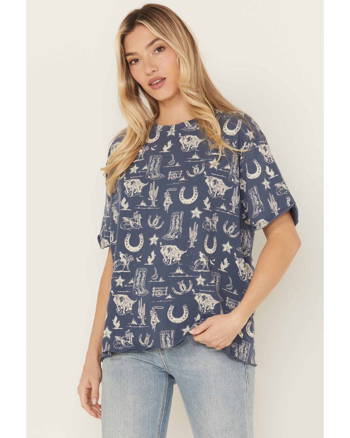 Image #1 - Free People Women's Painted Conversational Tee, Blue, hi-res