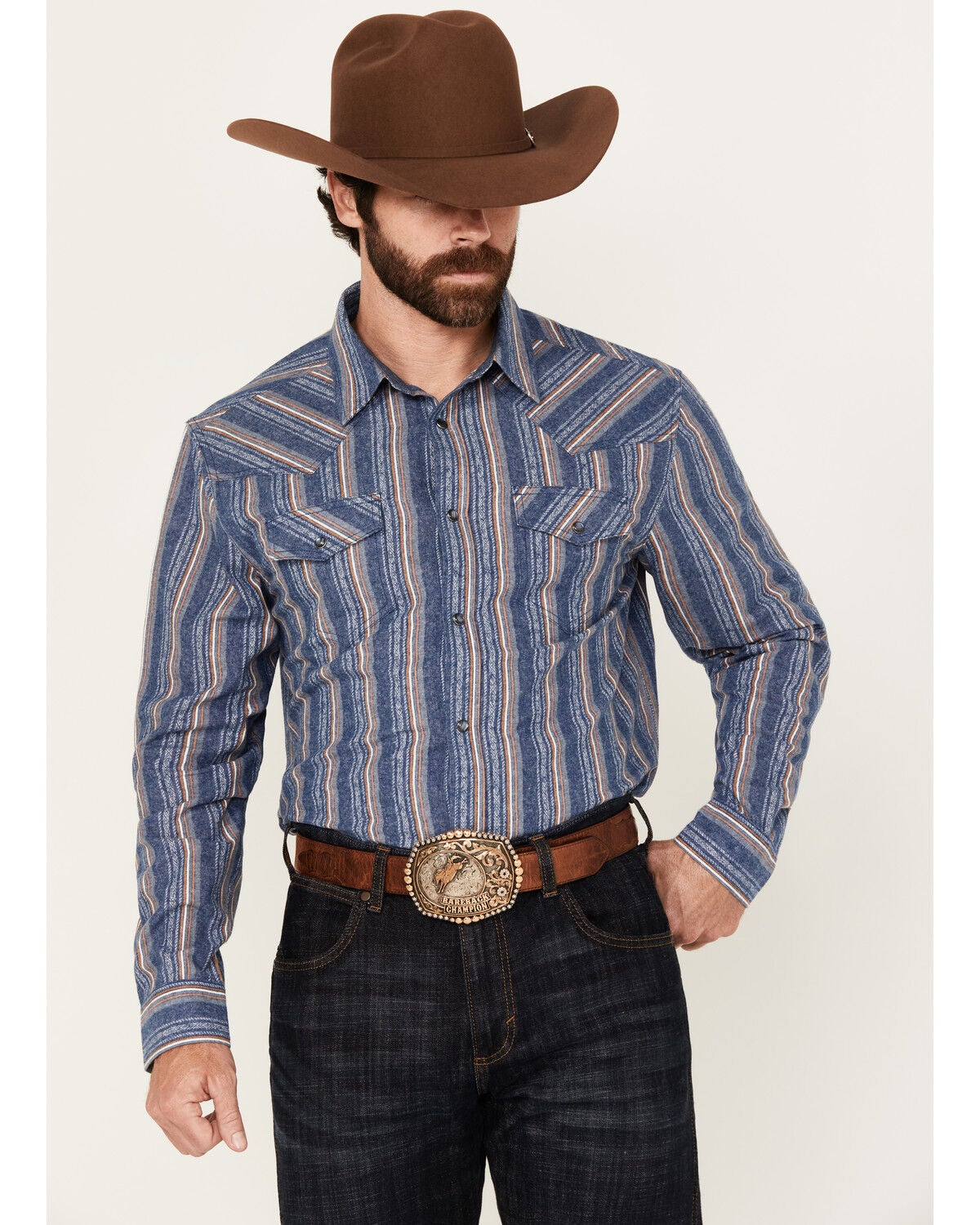 Image #1 - Cody James Men's Alpine Southwestern Striped Long Sleeve Pearl Snap Western Shirt, Navy, hi-res