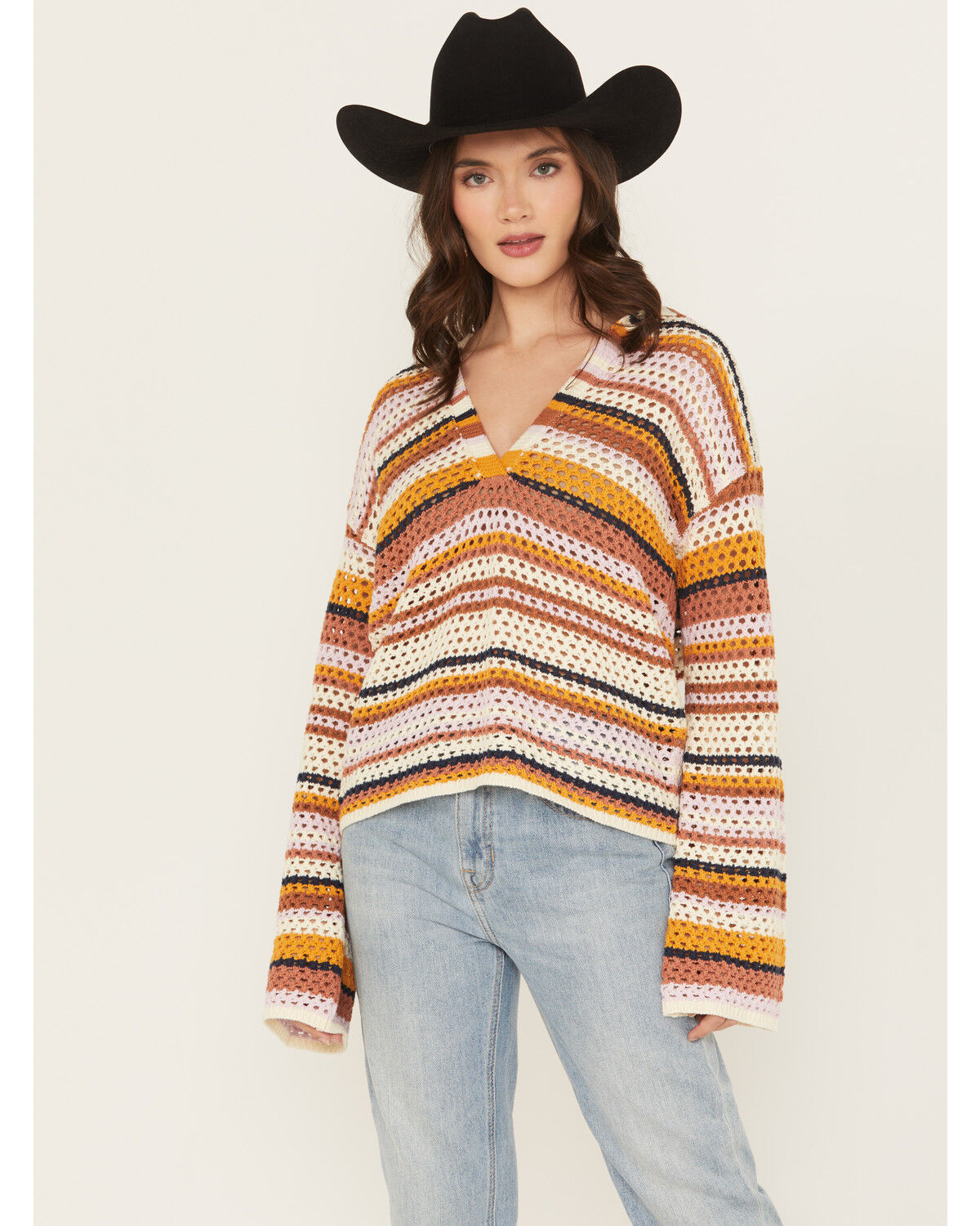 Image #1 - Cleo + Wolf Women's Open Stitch Striped Pullover, Rose, hi-res