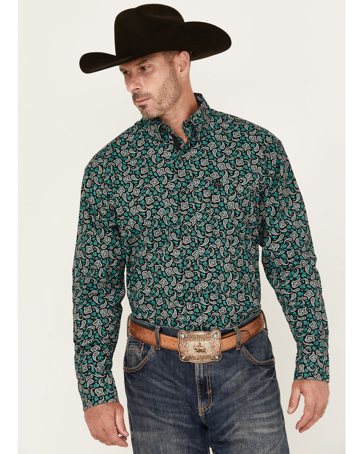 Image #1 - George Strait by Wrangler Men's Paisley Print Long Sleeve Button-Down Stretch Western Shirt, Black, hi-res