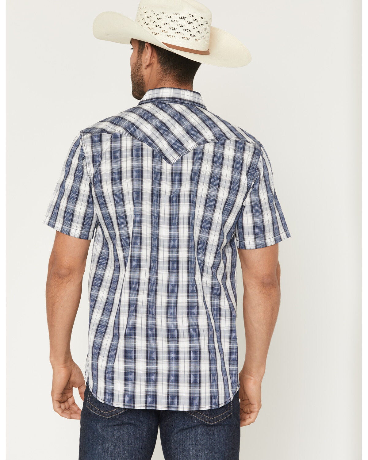 Image #4 - Moonshine Spirit&reg; Men's Desert Willow Plaid Print Short Sleeve Pearl Snap Western Shirt, Blue, hi-res