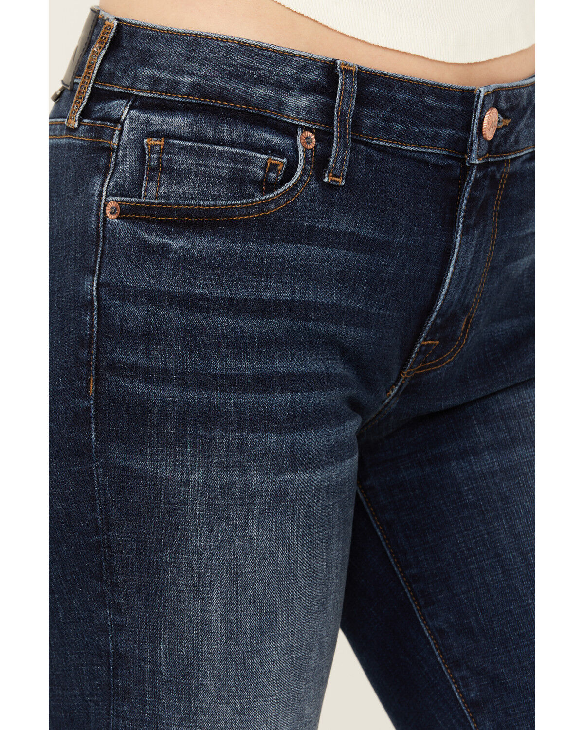 Image #2 - Mia and Moss Women's Spellbound Dark Wash Mid Rise Kick Flare Stretch Jeans, Dark Wash, hi-res