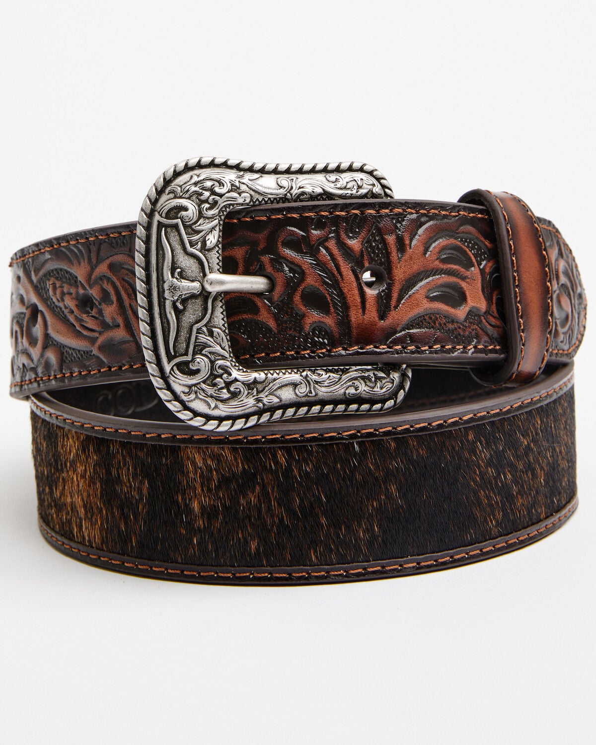 Cody James Men's Hair-On Floral Tooled Billet Leather Belt, Black, hi-res