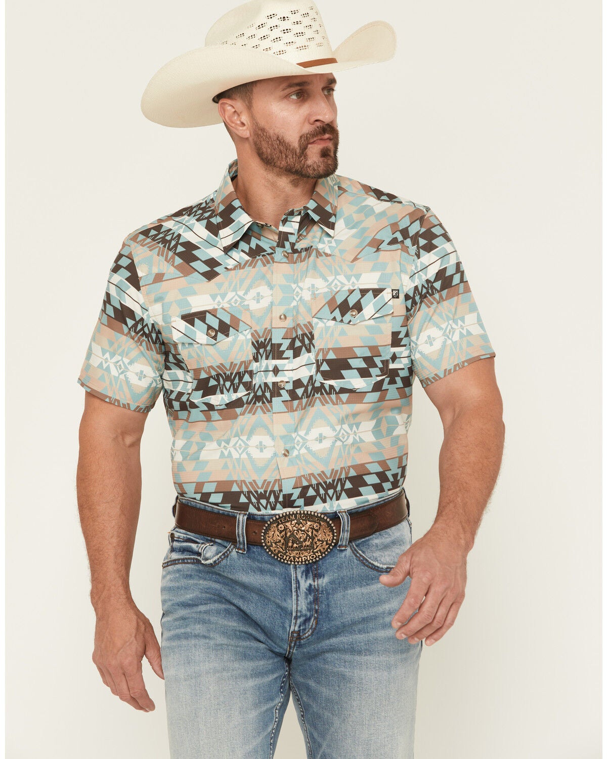 RANK 45&reg; Men's Eagle Pass Southwestern Print Short Sleeve Snap Performance Western Shirt, Multi, hi-res